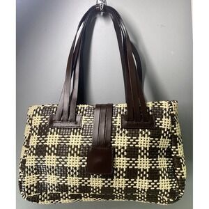 Roberto Pancani Italian Leather Trim Woven Hand Made Purse Brown&Cream 7.5x12x4"